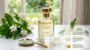 An infographic showing the floral, animalic, and sweet scent notes of Jasmine Sambac fragrance.