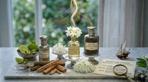 Illustration showing how to layer Jasmine Sambac fragrance with sandalwood and citrus base notes.