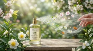 A conceptual graphic showing the lasting power and fresh sillage of green tea blossom fragrance.