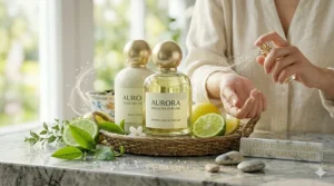 A diagram showing how to layer green tea perfume with matching body lotion for a long-lasting feminine scent.