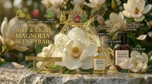 An artistic illustration representing the light and airy scent trail of a high-quality magnolia perfume.