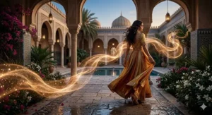 A photorealistic illustration capturing the visible, glowing trail (sillage) of an exotic oriental perfume as a woman walks through a twilight Middle Eastern palace courtyard.