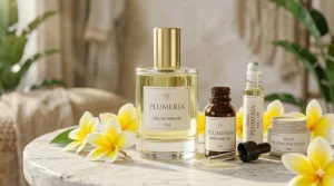 An elegantly packaged plumeria perfume gift set featuring floral illustrations and a gold-capped bottle.