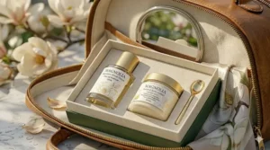 An elegantly wrapped gift box containing a signature magnolia perfume and matching scented lotion.