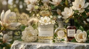 An infographic showing the fragrance pyramid of a typical magnolia perfume featuring top, middle, and base notes.