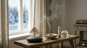 A serene setting with incense smoke to illustrate the calming, meditative qualities of resin-based perfumes.