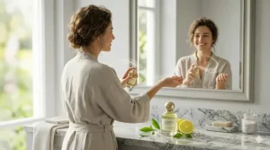A woman applying a refreshing green tea fragrance as part of her morning beauty and wellness routine.