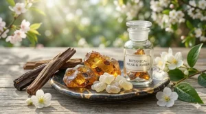 A warm composition of light musk and amber wood, the base notes of a green tea blossom scent.