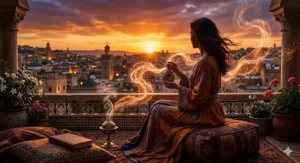 A photorealistic illustration capturing a woman holding an ornate perfume bottle on a balcony overlooking an ancient city, with glowing amber vapor symbolizing the mystical mood of an exotic oriental fragrance at sunset.
