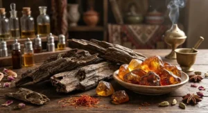 Illustration showing raw oud wood and warm amber resin, key ingredients in exotic oriental perfume for women.