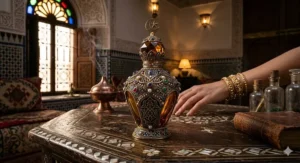 A photorealistic illustration of an ornate, jewel-encrusted oriental perfume bottle resting on an antique wooden table in a traditional Moroccan riad at twilight.