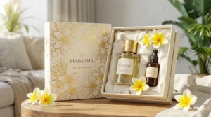 An amber glass dropper bottle with frangipani extract used to create organic plumeria perfume.