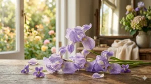 Delicate purple iris and violet flowers symbolizing the soft powdery opening of an amber fragrance.