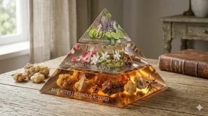 An infographic showing where resinous base notes sit within a perfume's olfactory pyramid for long-lasting wear.