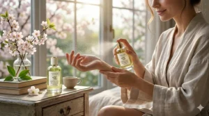 A woman applying green tea blossom perfume during her morning routine in a sunlit room.