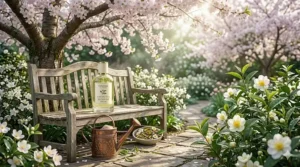 A bottle of green tea blossom perfume placed on a wooden bench under a blooming cherry tree.
