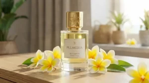 A light and airy composition of plumeria perfume next to a sunlit window, highlighting its appeal as a spring fragrance.