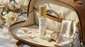 A compact travel-size magnolia perfume rollerball sitting inside a handbag.
