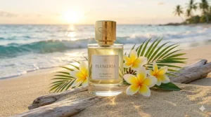 A bottle of plumeria perfume on a sandy beach at sunset, evoking a vacation-inspired fragrance profile.