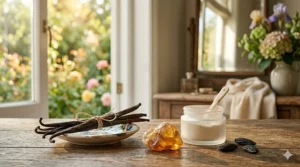 Creamy vanilla beans and soft white musk textures representing the dry down of a powdery amber scent.