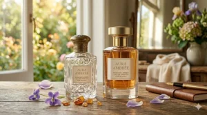 A comparison of classic crystal flacons and modern minimalist perfume bottles in the powdery amber category.