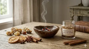 An illustration of glowing embers and spices representing the warm, smoky profile of a classic resinous scent.