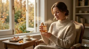 A woman in a cozy cashmere sweater holding a perfume bottle, highlighting amber scents as ideal for cold weather.