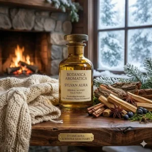An artisanal herbal woody perfume bottle next to a warm knit sweater evoking a cozy winter fragrance aesthetic