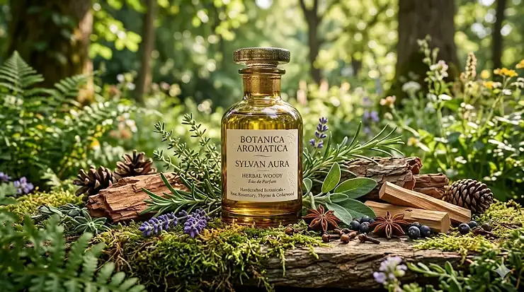 Luxury herbal woody perfume glass bottle displayed on a mossy stone inside a sunlit pine forest