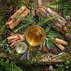 Flat lay illustration of herbal woody fragrance ingredients including rosemary sprigs, juniper berries, and sandalwood blocks