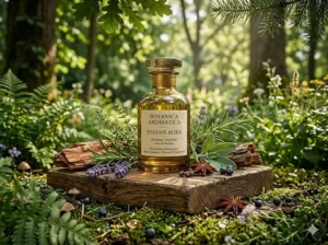 Infographic breakdown of an organic herbal woody perfume fragrance pyramid highlighting cedarwood and fresh mint notes