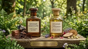 Comparison chart showing masculine and feminine scent profiles of popular unisex herbal woody perfume brands