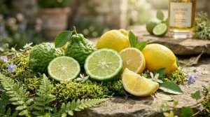 Close up of bergamot and lemon slices representing the fresh opening of chypre scents.