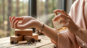 A woman applying woody cedarwood perfume to her wrist to enhance scent longevity.