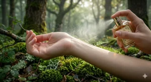 A person applying an earthy oakmoss fragrance to their wrist in a misty forest setting.