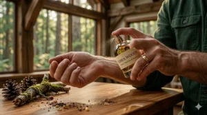 A detailed close-up showing a hand with a ring applying 'Terra Woods' earthy woody perfume to a wrist in a room filled with natural wood and sunlight.