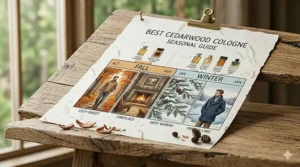 A seasonal chart highlighting the best cedarwood cologne options for autumn and winter wear.