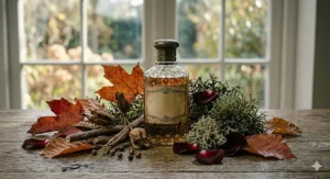 A cozy, high-detail 4K photorealistic illustration of a luxury chypre perfume bottle surrounded by deep orange autumn leaves, dried seed pods, woody twigs, and moss on a rustic wooden table, bathed in soft natural light.