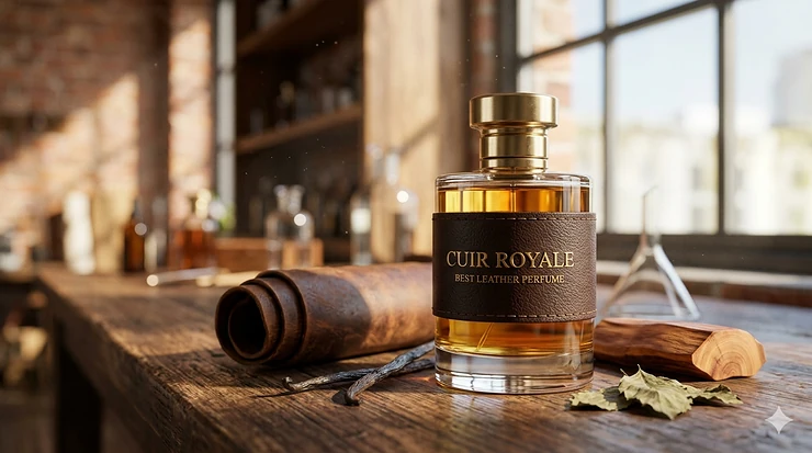 A flat lay composition of the best leather perfume bottle surrounded by pieces of raw brown leather, citrus, and aromatic wood chips.
