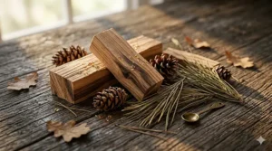 Freshly cut cedarwood blocks and pine needles, common base notes in earthy woody perfumes.