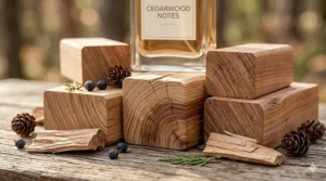 Close-up of aromatic cedarwood blocks used as a base note in women’s fragrances.