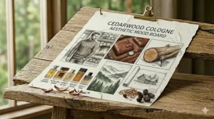 A visual mood board depicting the woody and masculine aesthetic associated with the best cedarwood cologne.