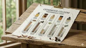 A performance chart comparing the longevity and sillage of various best cedarwood cologne picks.
