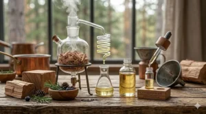 Pure cedarwood essential oil in a dropper bottle used for creating high-end perfumes.