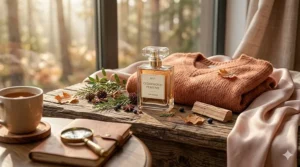 A cozy autumn setting with a sweater and a bottle of cedarwood-based eau de parfum.