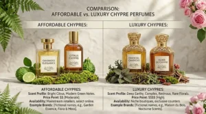 A comparison chart showing price points for different affordable chypre perfume brands.