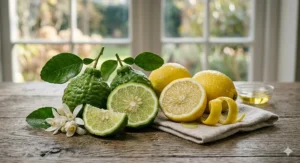A high-definition photorealistic close-up of fresh bergamot and lemon elements on a rustic wood table, illustrating the bright top notes of the best chypre fragrance.