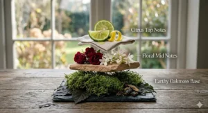 A photorealistic 4K illustration of the traditional chypre perfume pyramid structure, visually layering citrus top notes, floral mid notes, and an earthy oakmoss base on weathered wood.