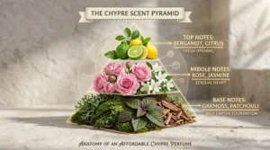 A diagram showing the top, middle, and base notes of an affordable chypre perfume.