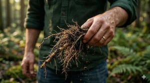 Raindrops falling on rich dark soil to represent the petrichor and mineral notes in earthy scents.